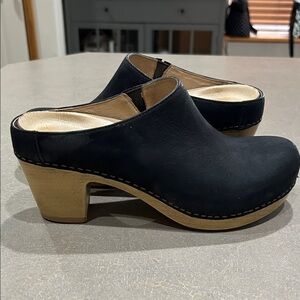 Dansko Black Leather Mules with Tan Wooden Heel